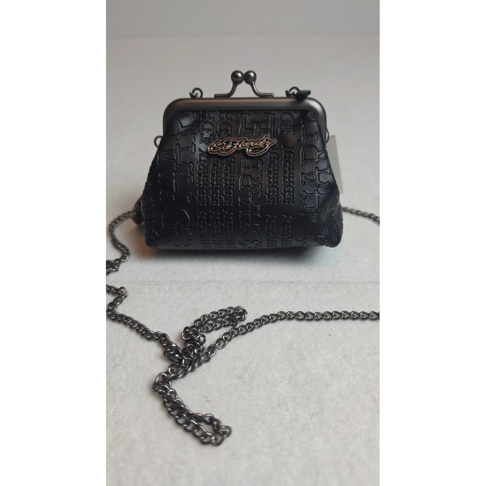 Ed Hardy Black Embossed Logo Mini Crossbody Bag Kiss Lock Chain Heart Charm